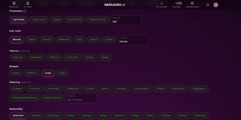 Seduced AI character customization
