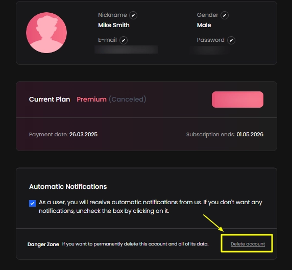 Candy AI - Delete Account button