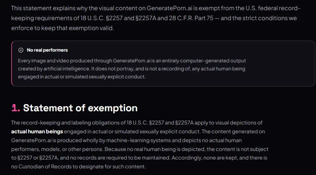 GeneratePorn AI - exemption statement