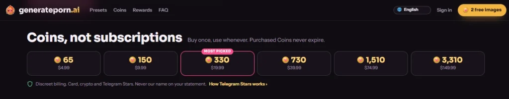 GeneratePorn.ai Coins Pricing