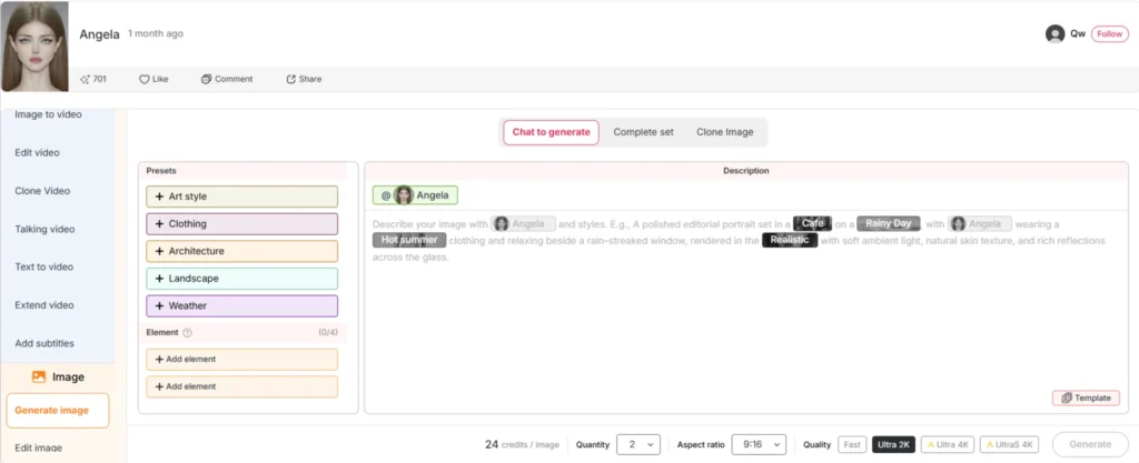 APOB AI Chat to Generate mode with custom prompt settings for AI images