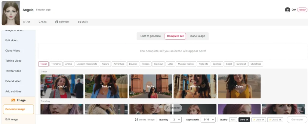 APOB AI Complete Set mode showing AI influencer image generation
