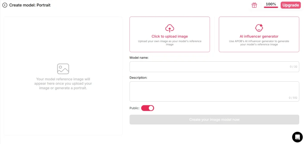 APOB AI portrait model creation screen with AI influencer generator
