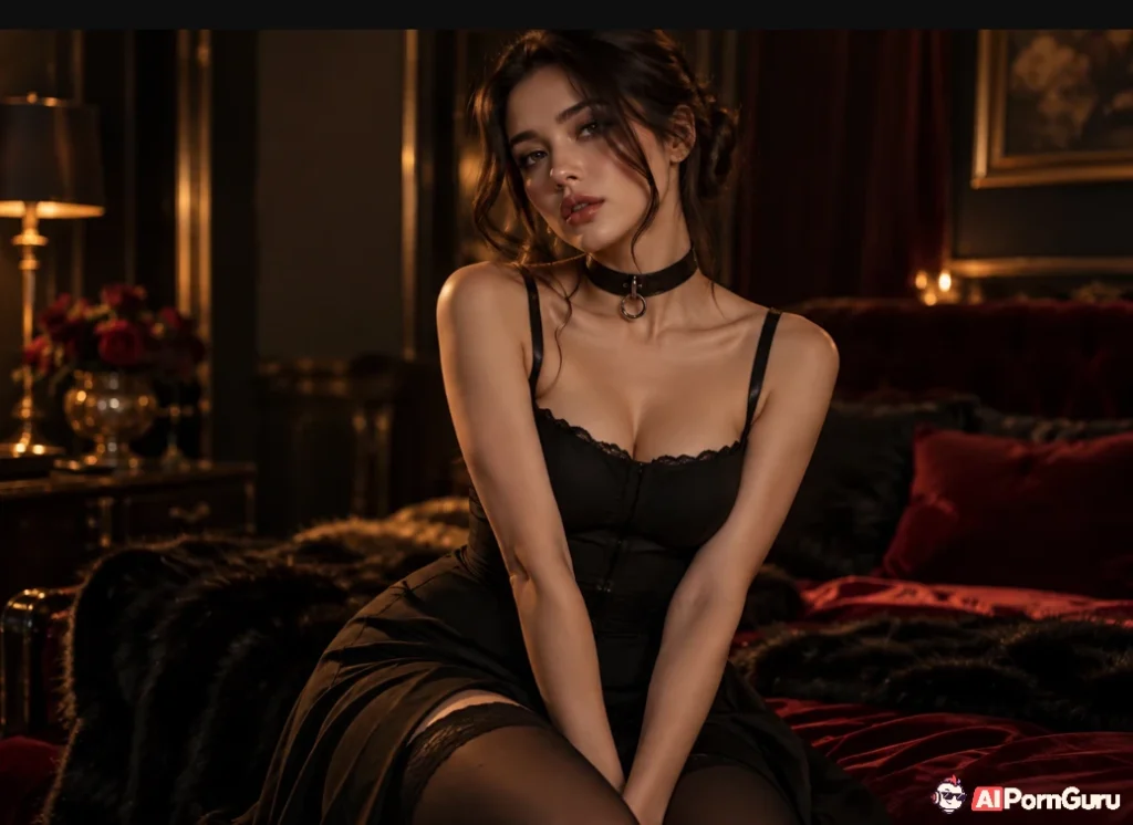 Submissive AI fantasy character in dark luxury room